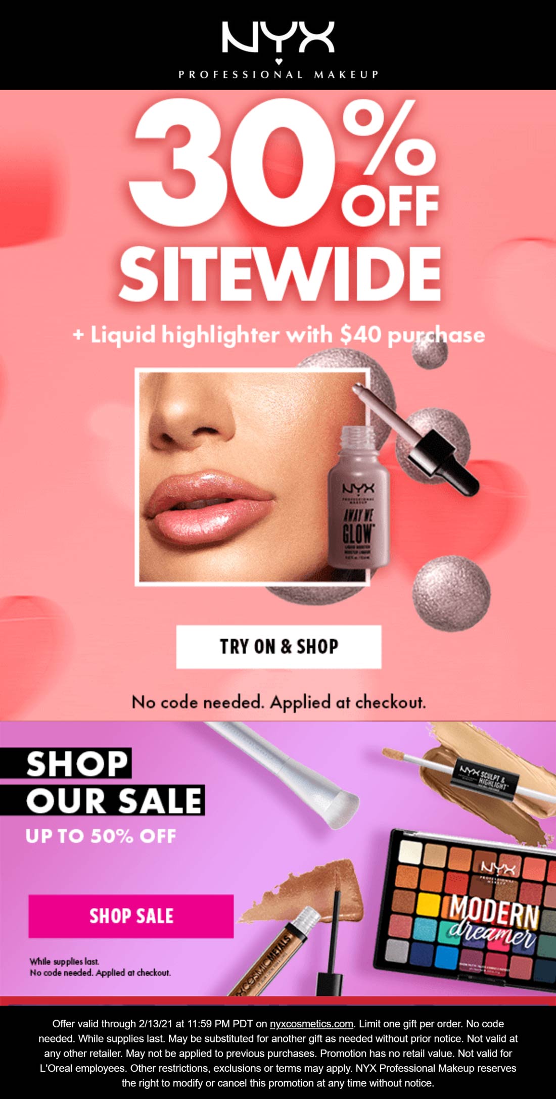 NYX Cosmetics stores Coupon  30% off everything + free liquid highlighter with $40 spent today at NYX Cosmetics #nyxcosmetics 