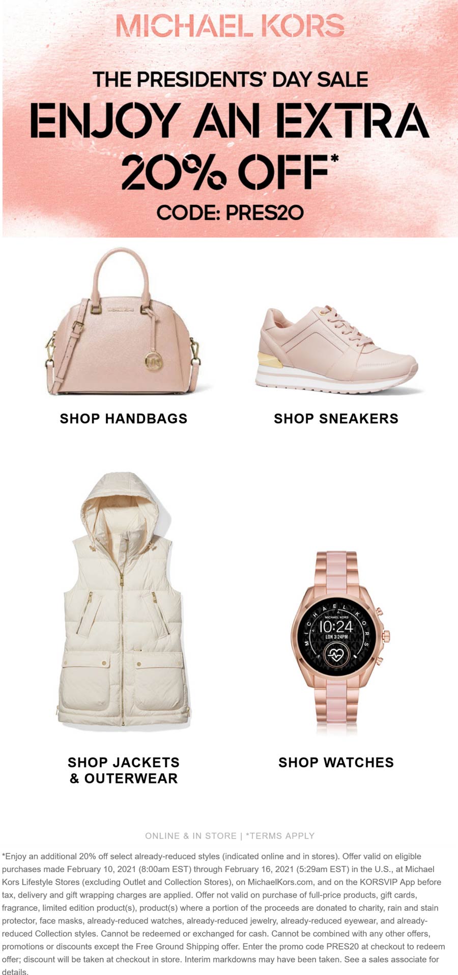 Michael Kors stores Coupon  Extra 20% off sale items at Michael Kors, or online via promo code PRES20 #michaelkors 