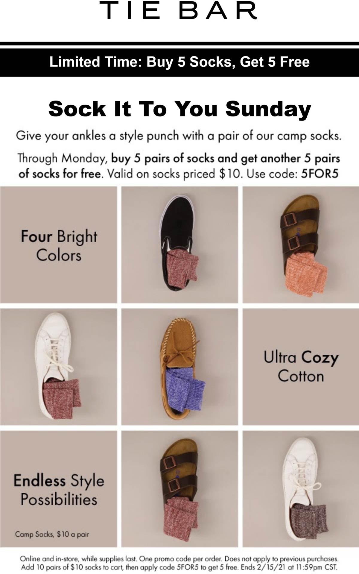 Tie Bar restaurants Coupon  Second 5 pair free on socks today at Tie Bar via promo code 5FOR5 #tiebar 