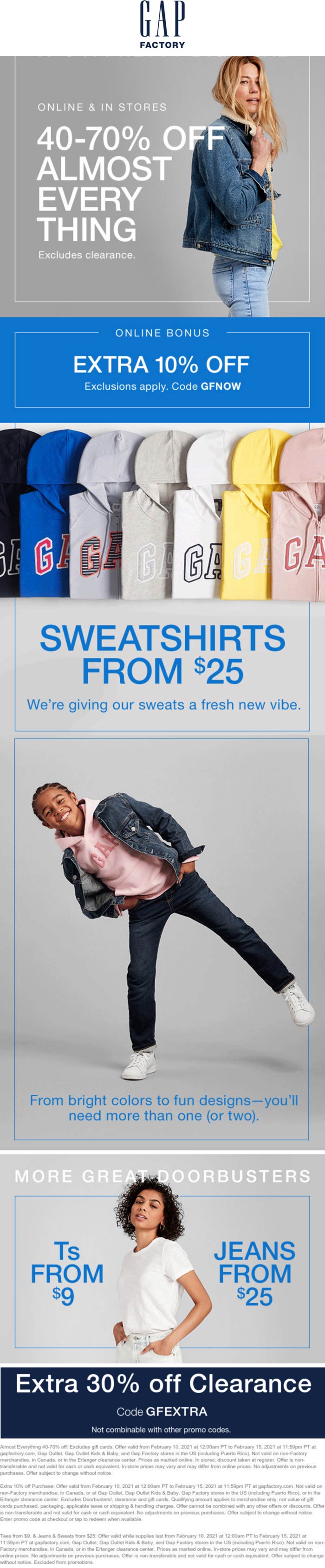 Gap Factory stores Coupon  40-70% off everything today at Gap Factory, additional 10% online via promo code GFNOW #gapfactory 