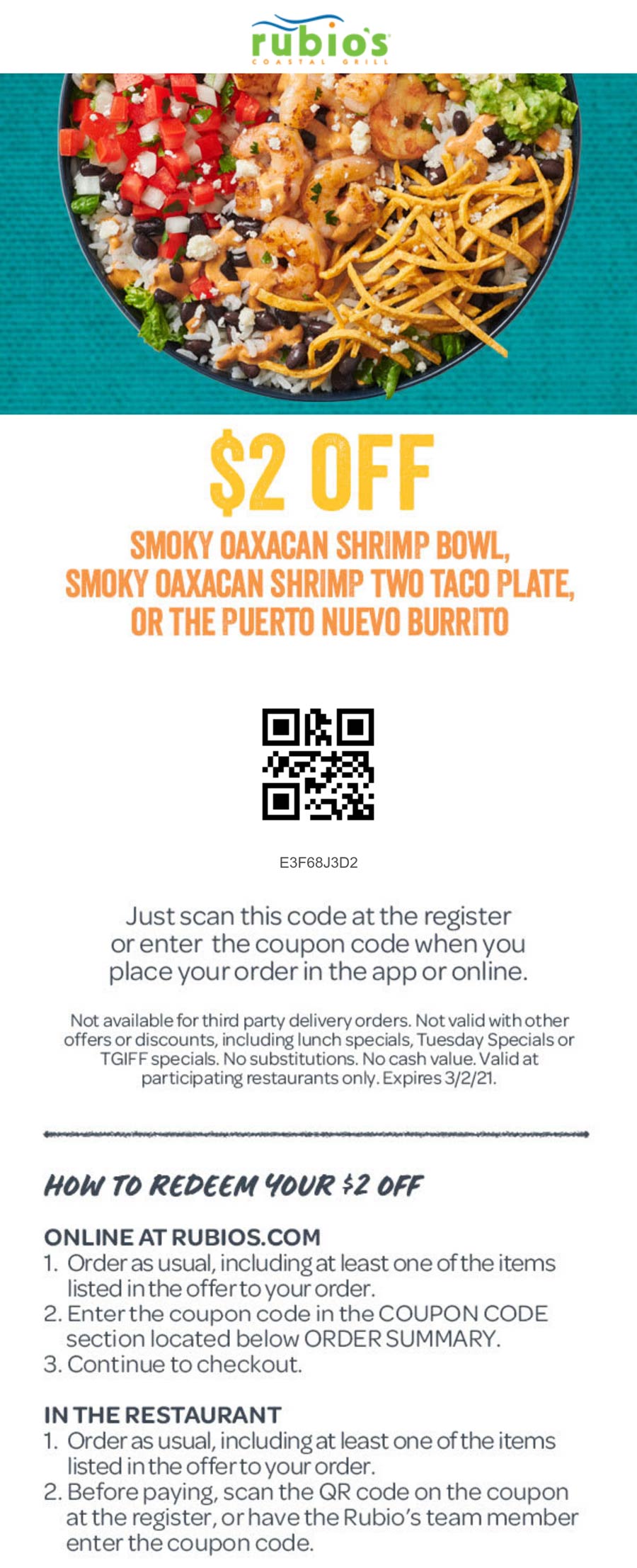Rubios restaurants Coupon  $2 off a smoky shrimp bowl or taco plate at Rubios Coastal Grill #rubios 