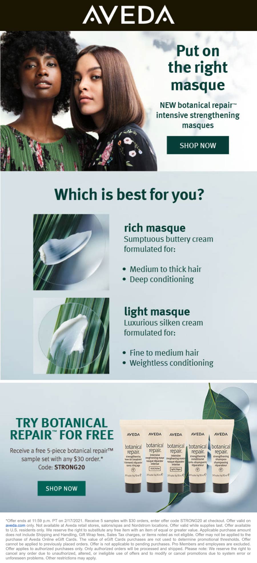 Free 5pc botanical repair set with 30 spent today at AVEDA via promo