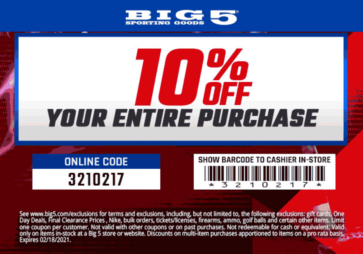 Big 5 stores Coupon  10% off everything at Big 5 sporting goods, or online via promo code 3210217 #big5 