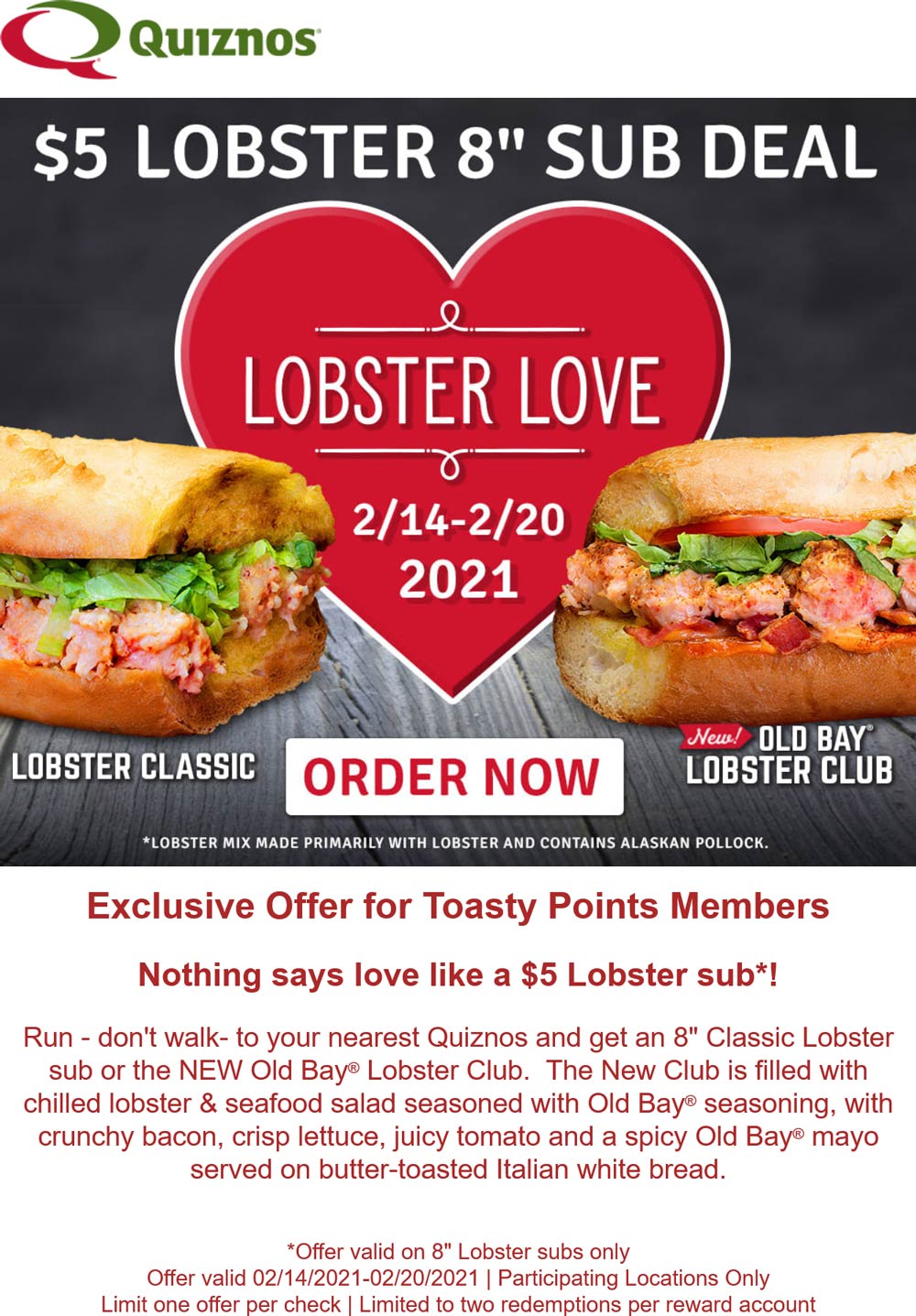 Quiznos restaurants Coupon  $5 lobster sub sandwich at Quiznos #quiznos 