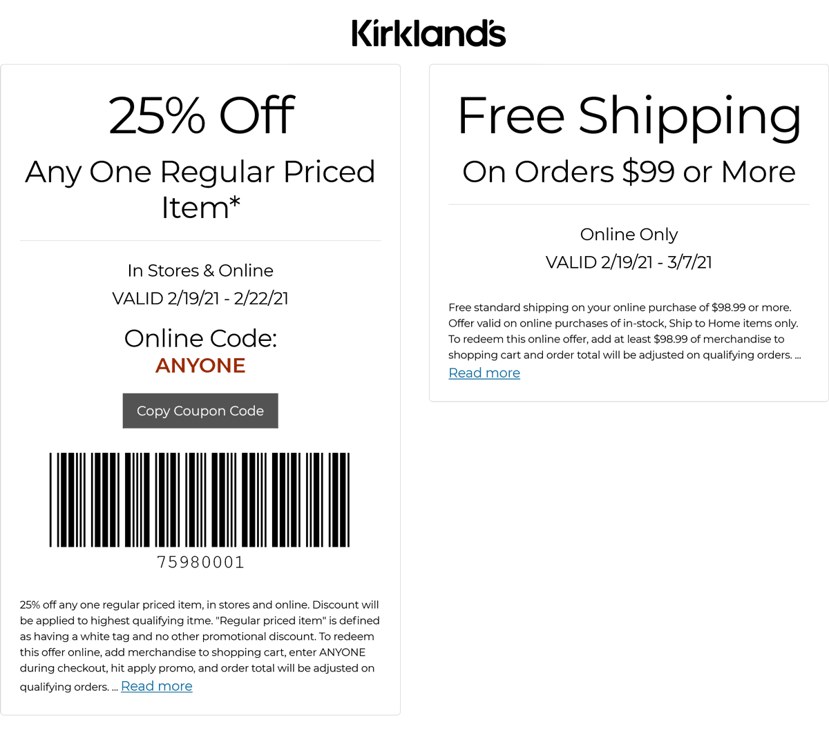 Kirklands stores Coupon  25% off a single item at Kirklands, or online via promo code ANYONE #kirklands 