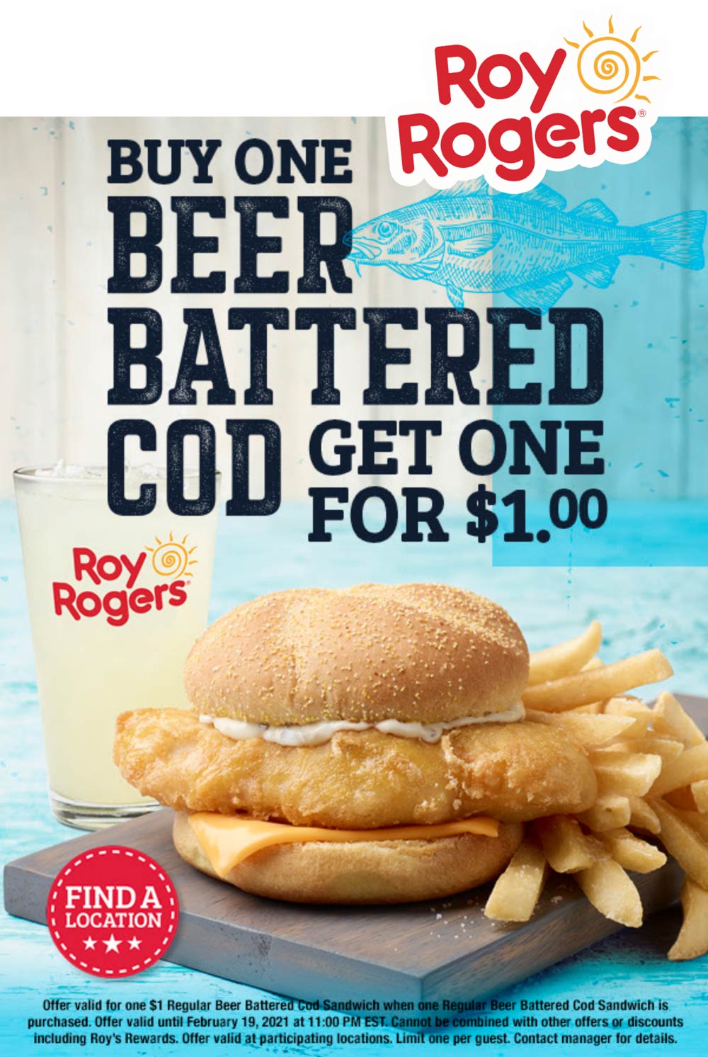 Roy Rogers restaurants Coupon  Second beer battered cod sandwich $1 today at Roy Rogers #royrogers 