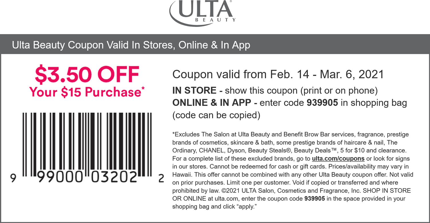 Ulta stores Coupon  $3.50 off $15 at Ulta Beauty, or online via promo code 939905 #ulta 