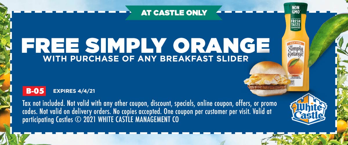 White Castle restaurants Coupon  Free orange juice with your breakfast slider at White Castle #whitecastle 