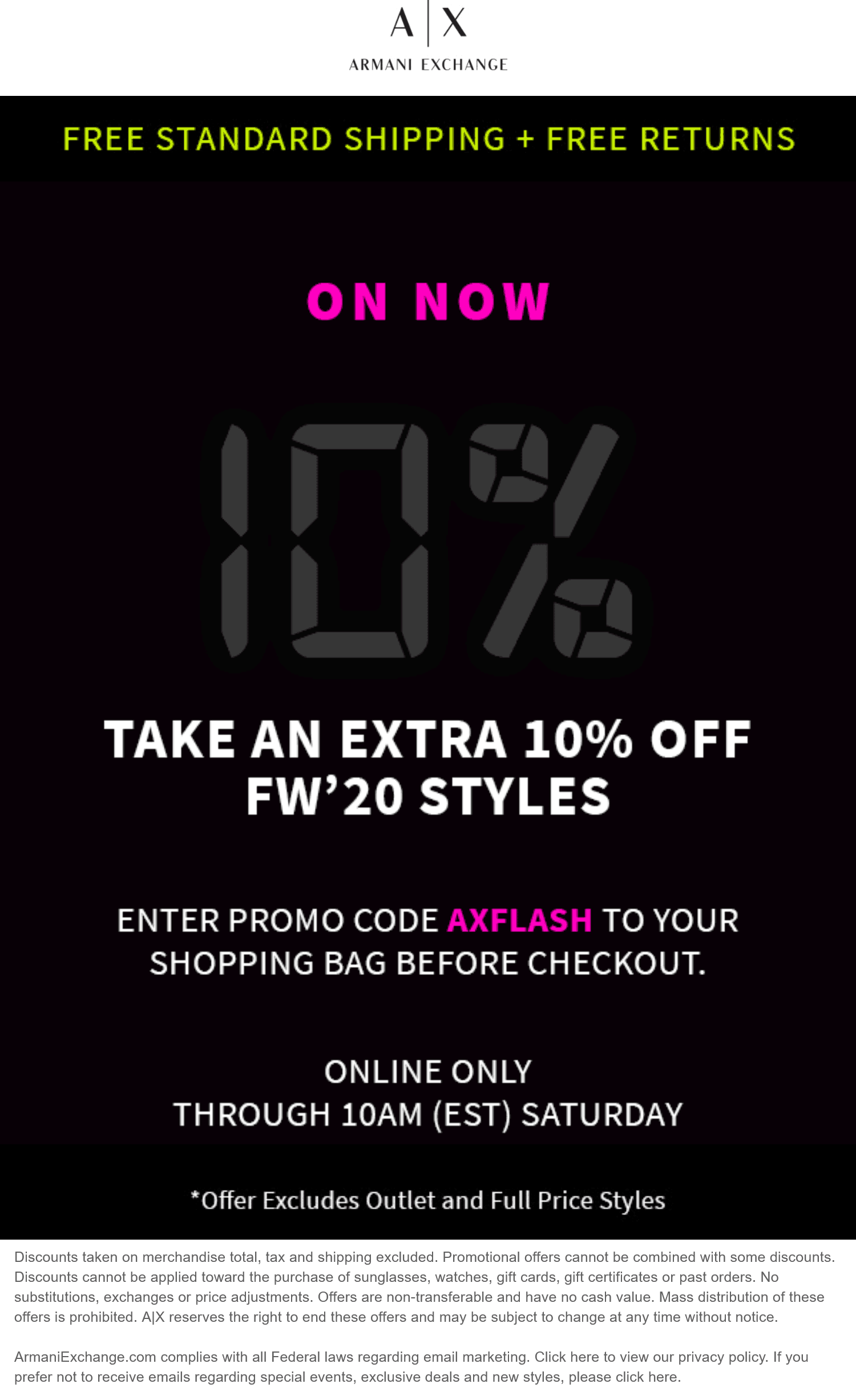 Armani Exchange stores Coupon  10% off online til 10a today at Armani Exchange via promo code AXFLASH #armaniexchange 