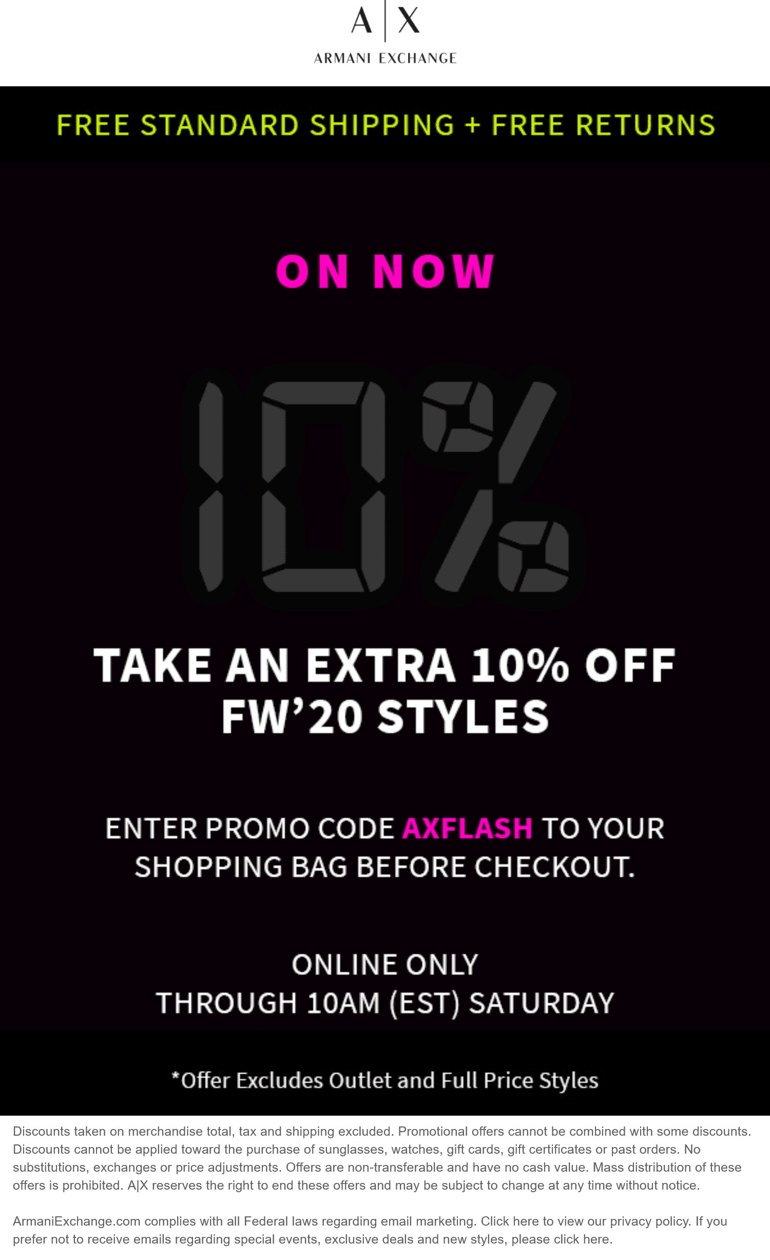 [August, 2021] 10 off online til 10a today at Armani Exchange via