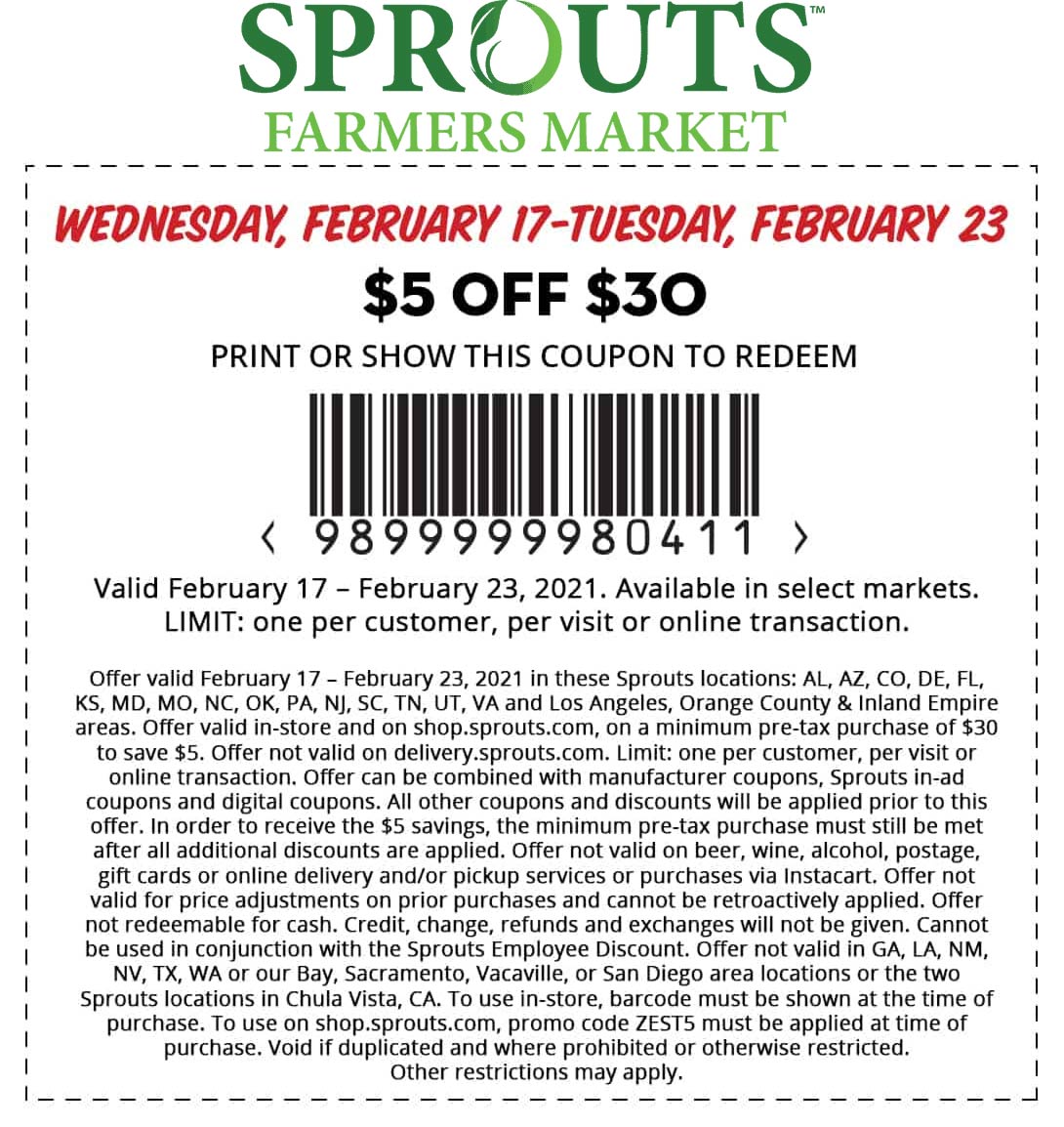 Sprouts stores Coupon  $5 off $30 at Sprouts Farmers Market grocery, or online via promo code ZEST5 #sprouts 