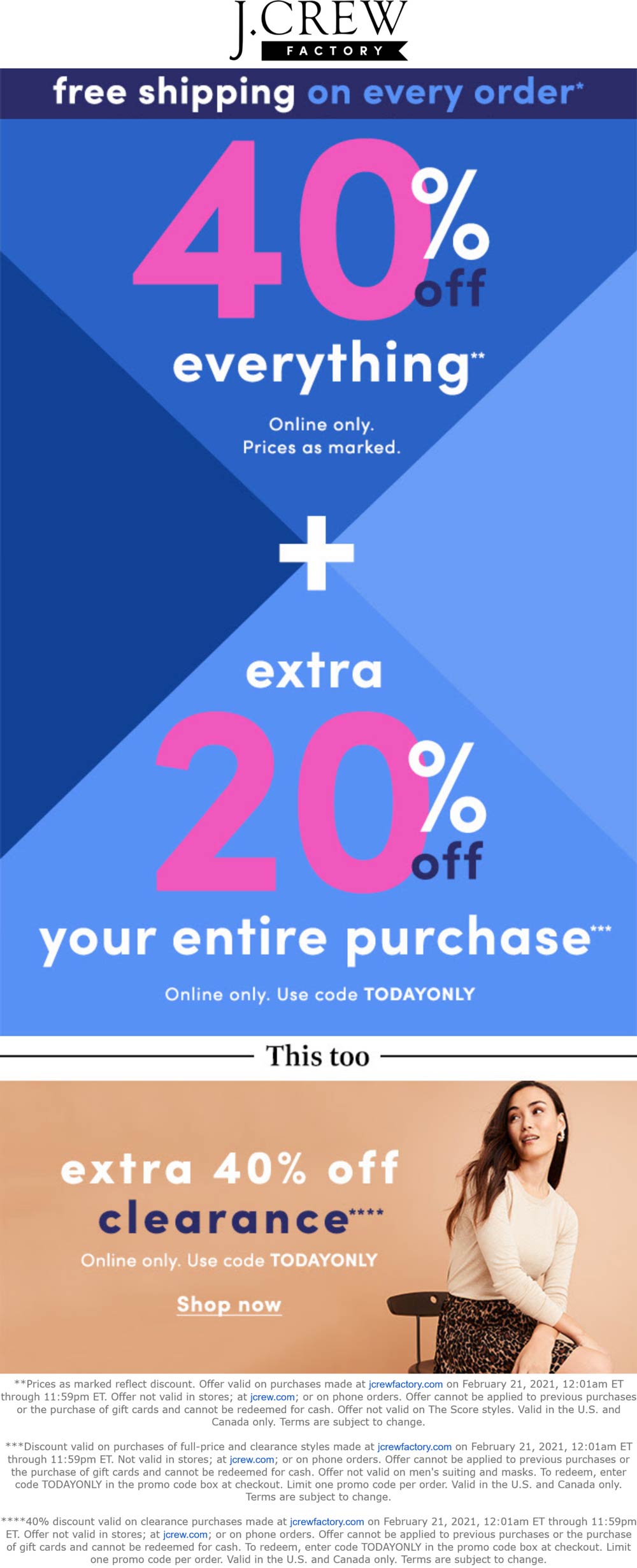 J.Crew Factory stores Coupon  60% off everything online today at J.Crew Factory via promo code TODAYONLY #jcrewfactory 