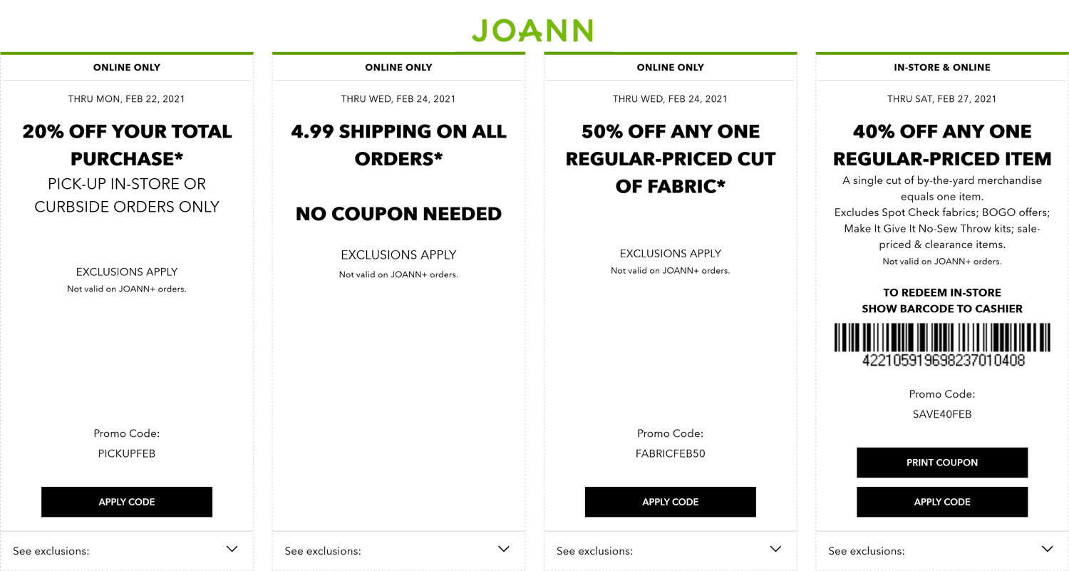 Joann 40% off a single item & more at Joann, or online via promo code SAVE40FEB #joann Joann stores Coupon 40% off a single item & more at Joann, or online via promo code SAVE40FEB #joann