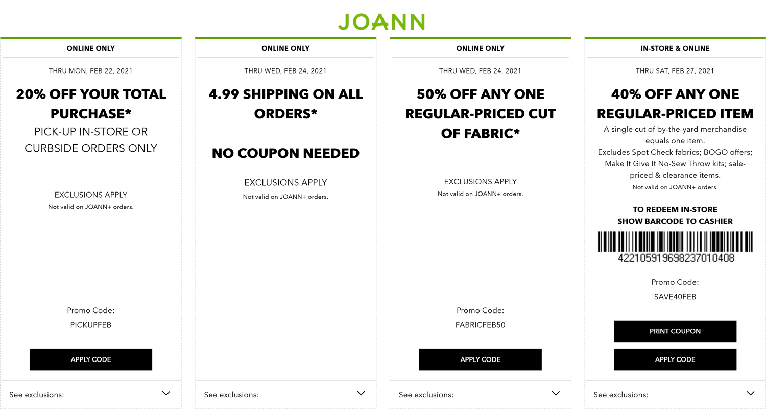 40 off a single item & more at Joann, or online via promo code