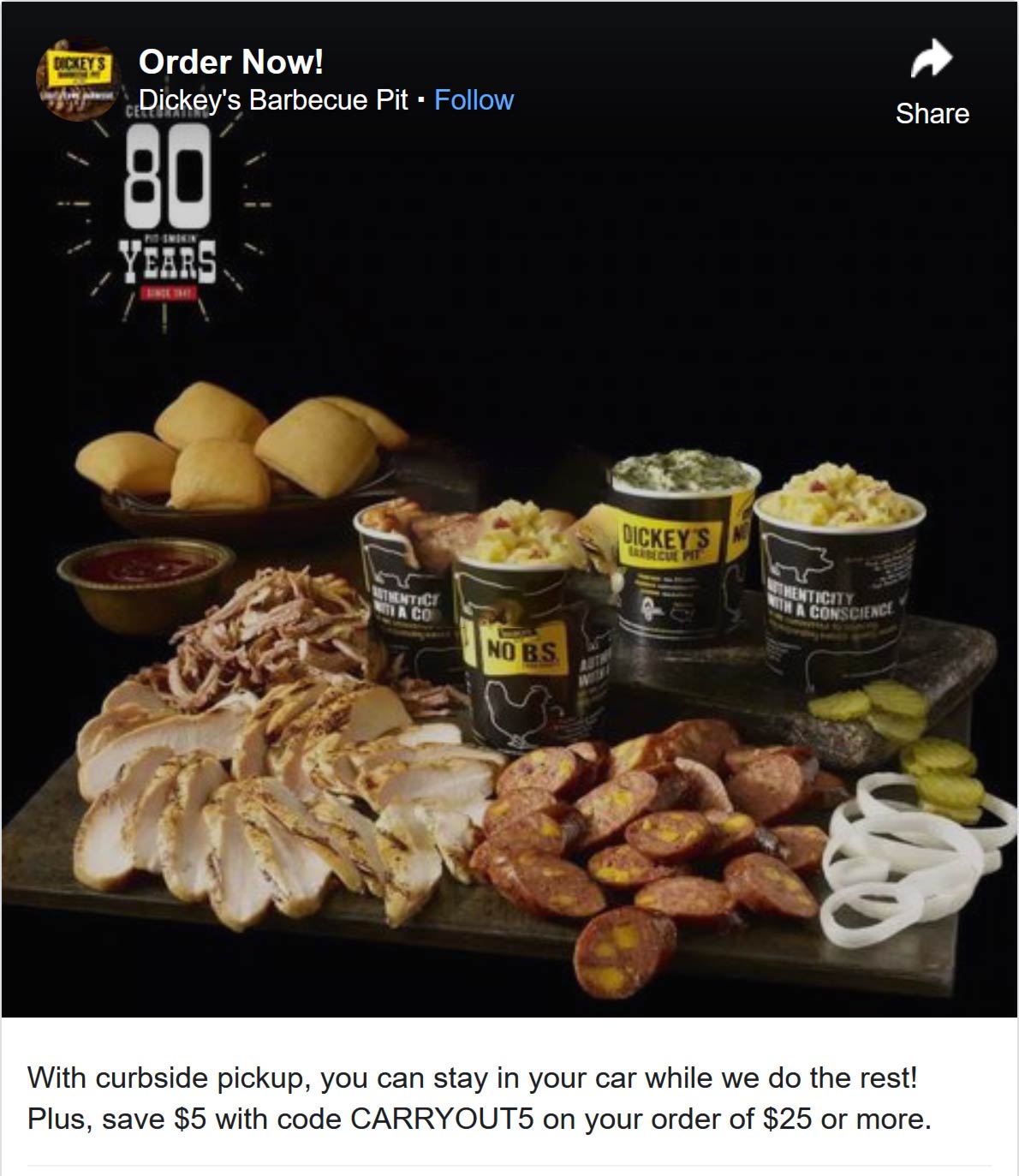 Dickeys Barbecue Pit stores Coupon  $5 off $25 at Dickeys Barbecue Pit via promo code CARRYOUT5 #dickeysbarbecuepit 