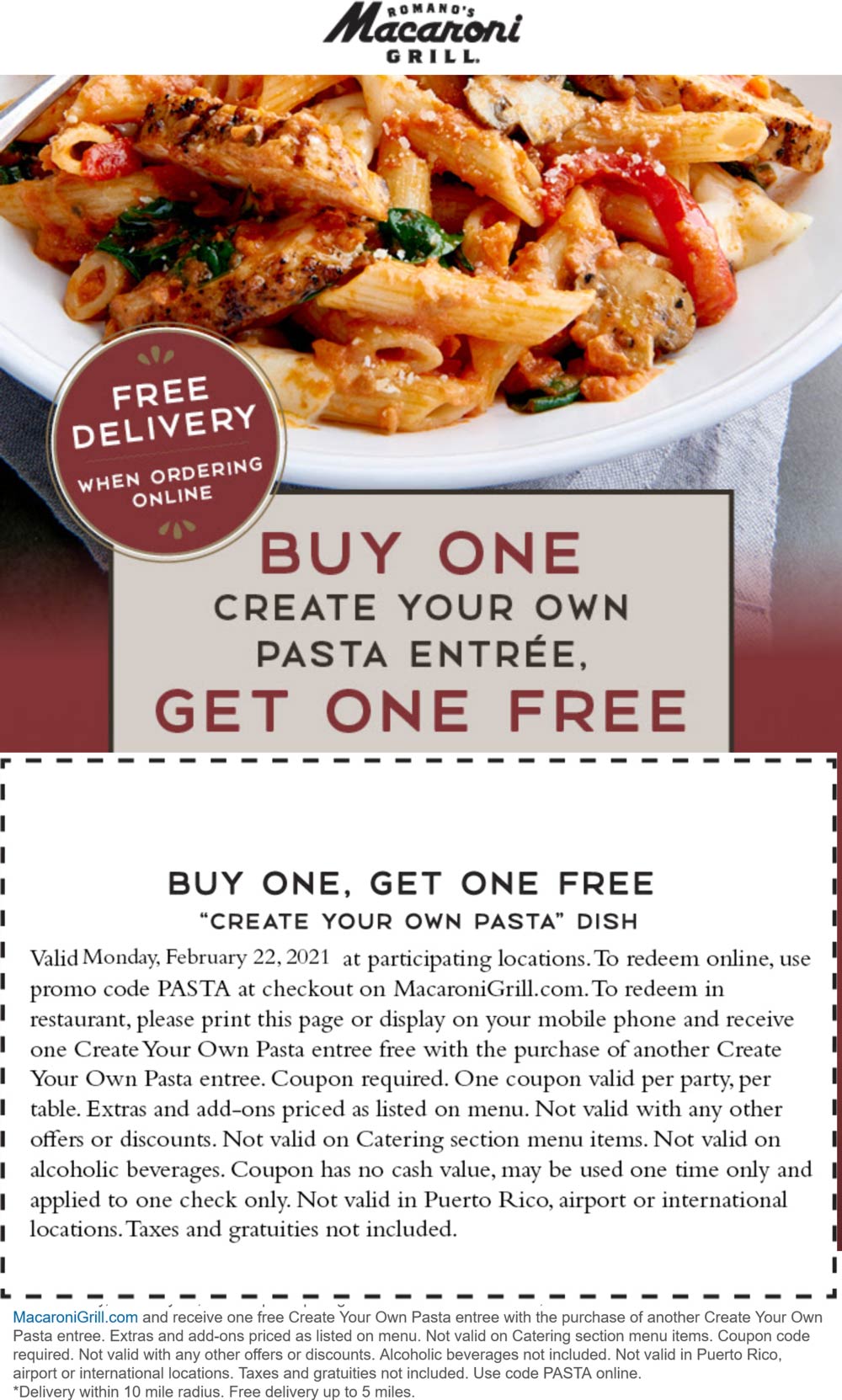 Macaroni Grill restaurants Coupon  Second pasta entree free today at Macaroni Grill via promo code PASTA #macaronigrill 