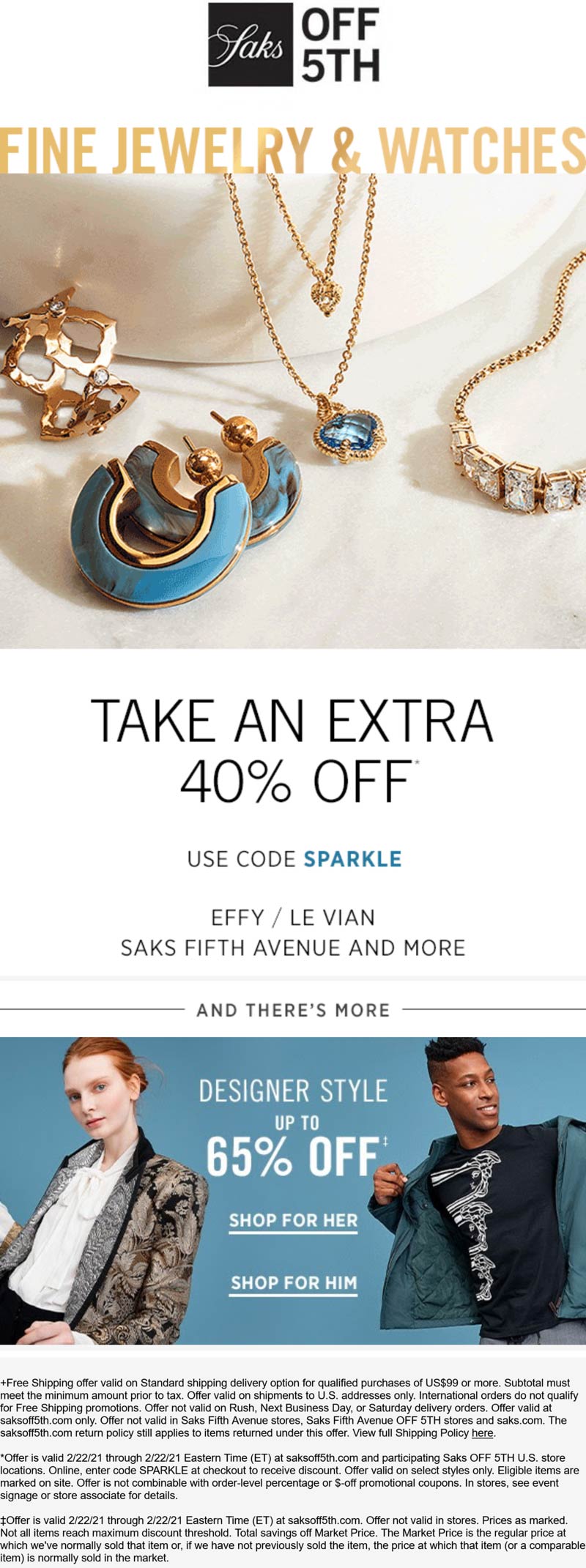 OFF 5TH stores Coupon  40% off fine jewelry & watches online today at Saks OFF 5TH via promo code SPARKLE #off5th 