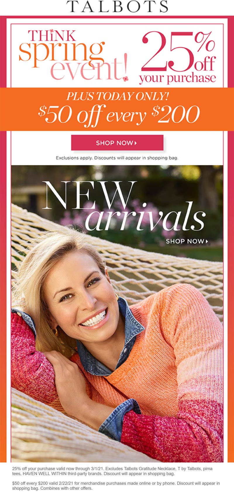 Talbots stores Coupon  25% off + $50 off every $200 today at Talbots #talbots 