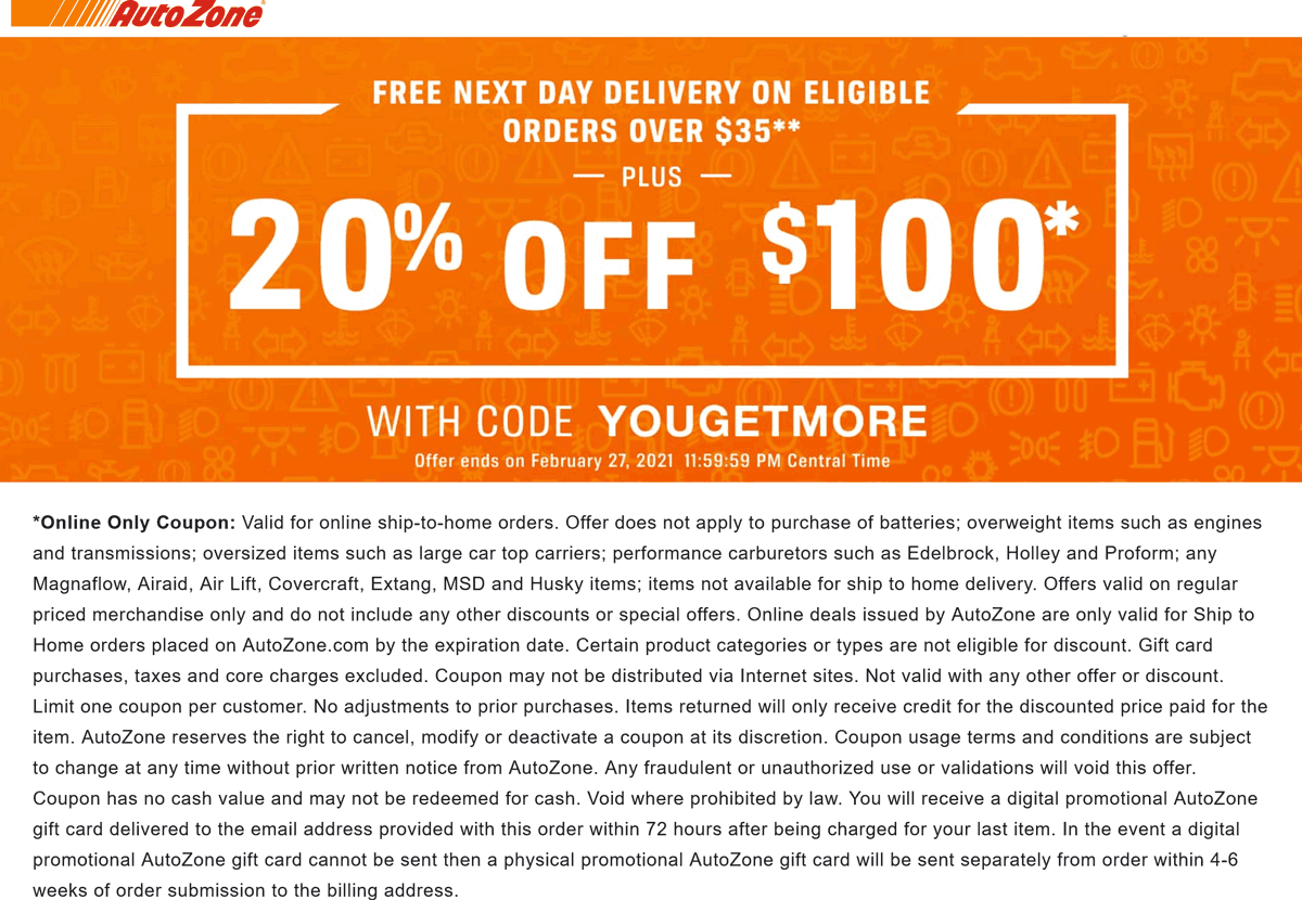 AutoZone stores Coupon  20% off $100 online at AutoZone via promo code YOUGETMORE #autozone 