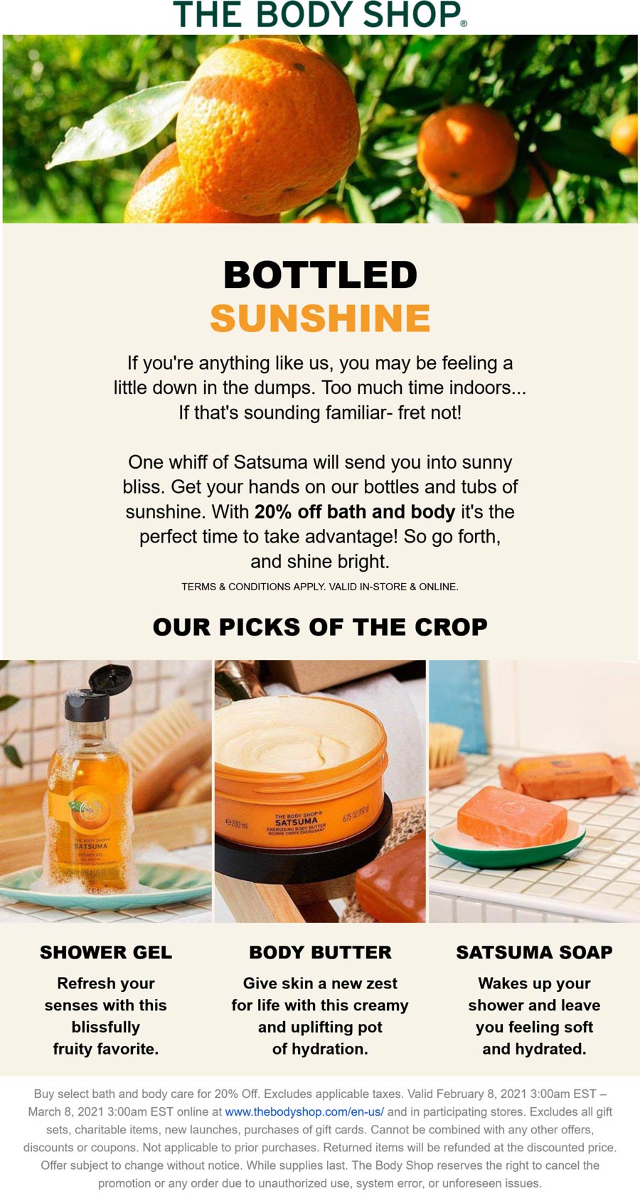 20 off bath and body at The Body Shop, ditto online The