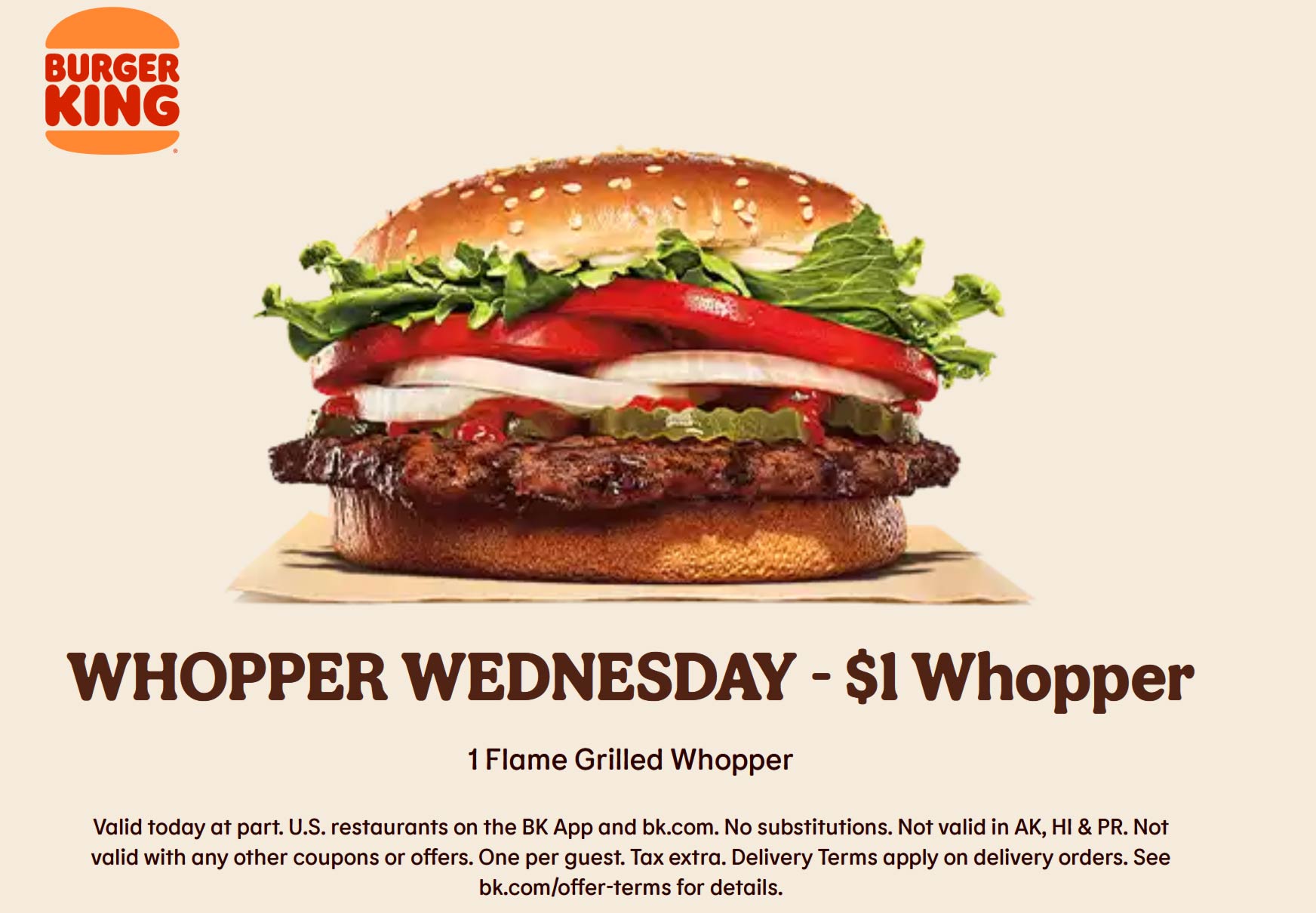 Burger King restaurants Coupon  $1 whopper hamburger today online at Burger King #burgerking 