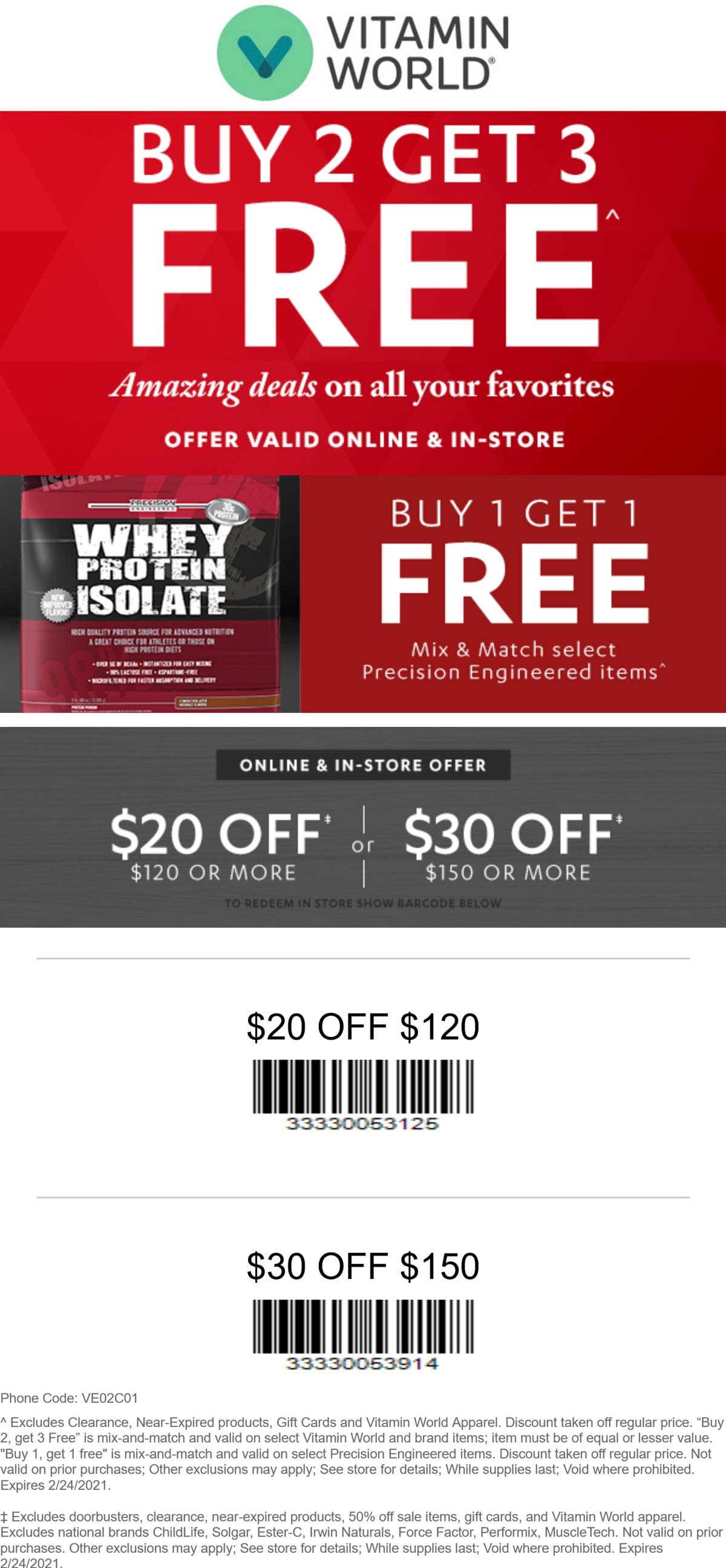 Vitamin World stores Coupon  5-for-3 and $20-$30 off $120+ today at Vitamin World, or online via promo code VE02C01 #vitaminworld 
