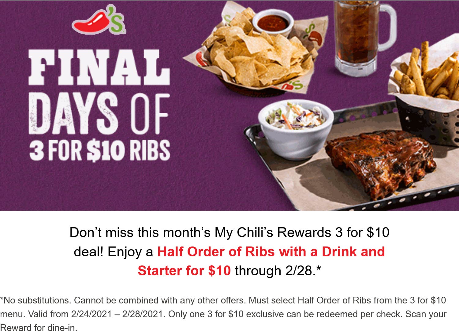 Ribs + appetizer + drink = 10 at Chilis chilis The Coupons App®