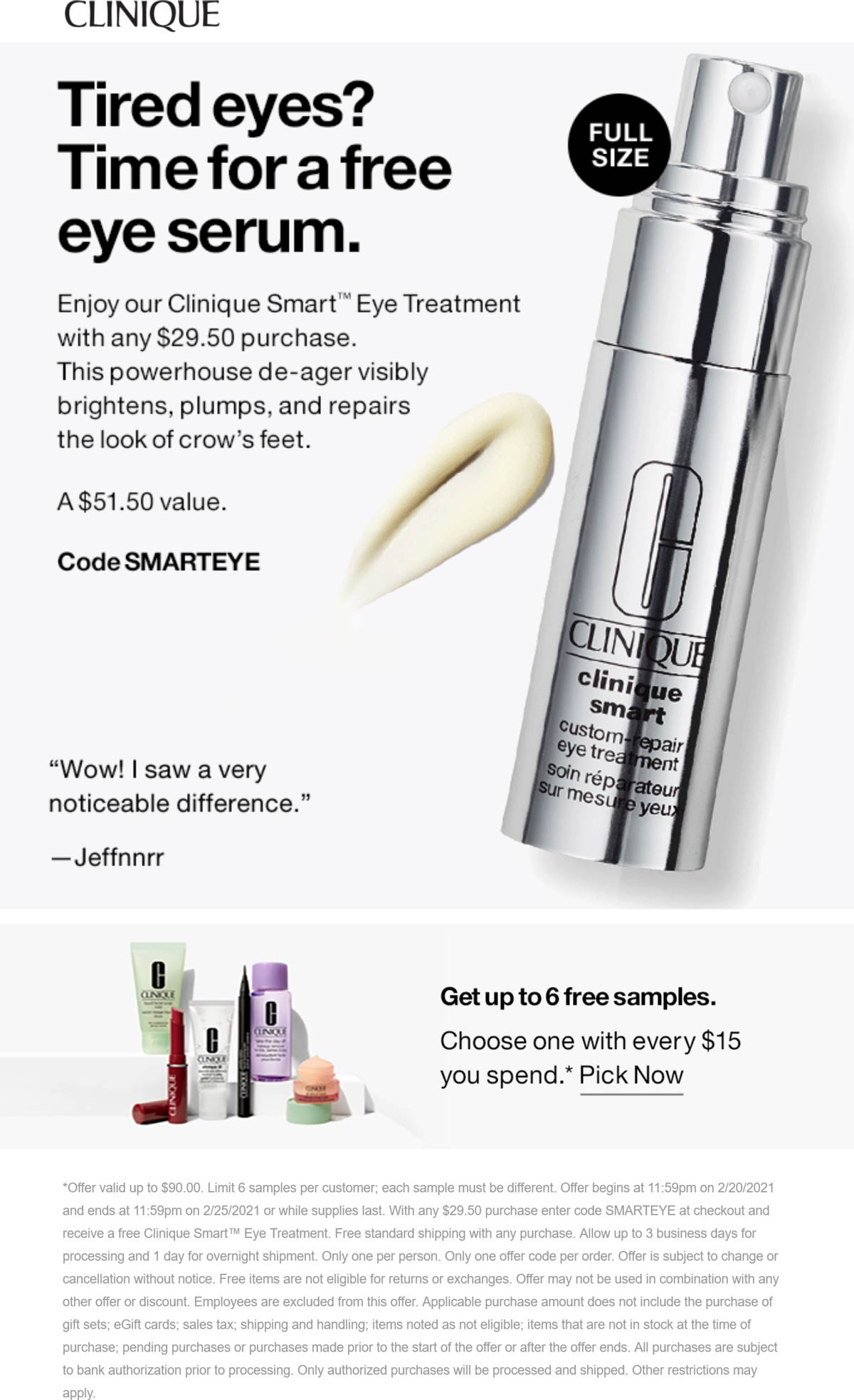 Clinique stores Coupon  Free $50 full size eye treatment with $30 spent today at Clinique via promo code SMARTEYE #clinique 