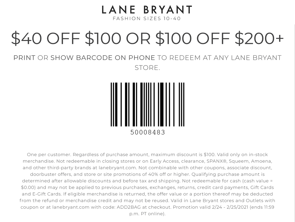$40 off $100 & more today at Lane Bryant & outlets, or online via promo ...