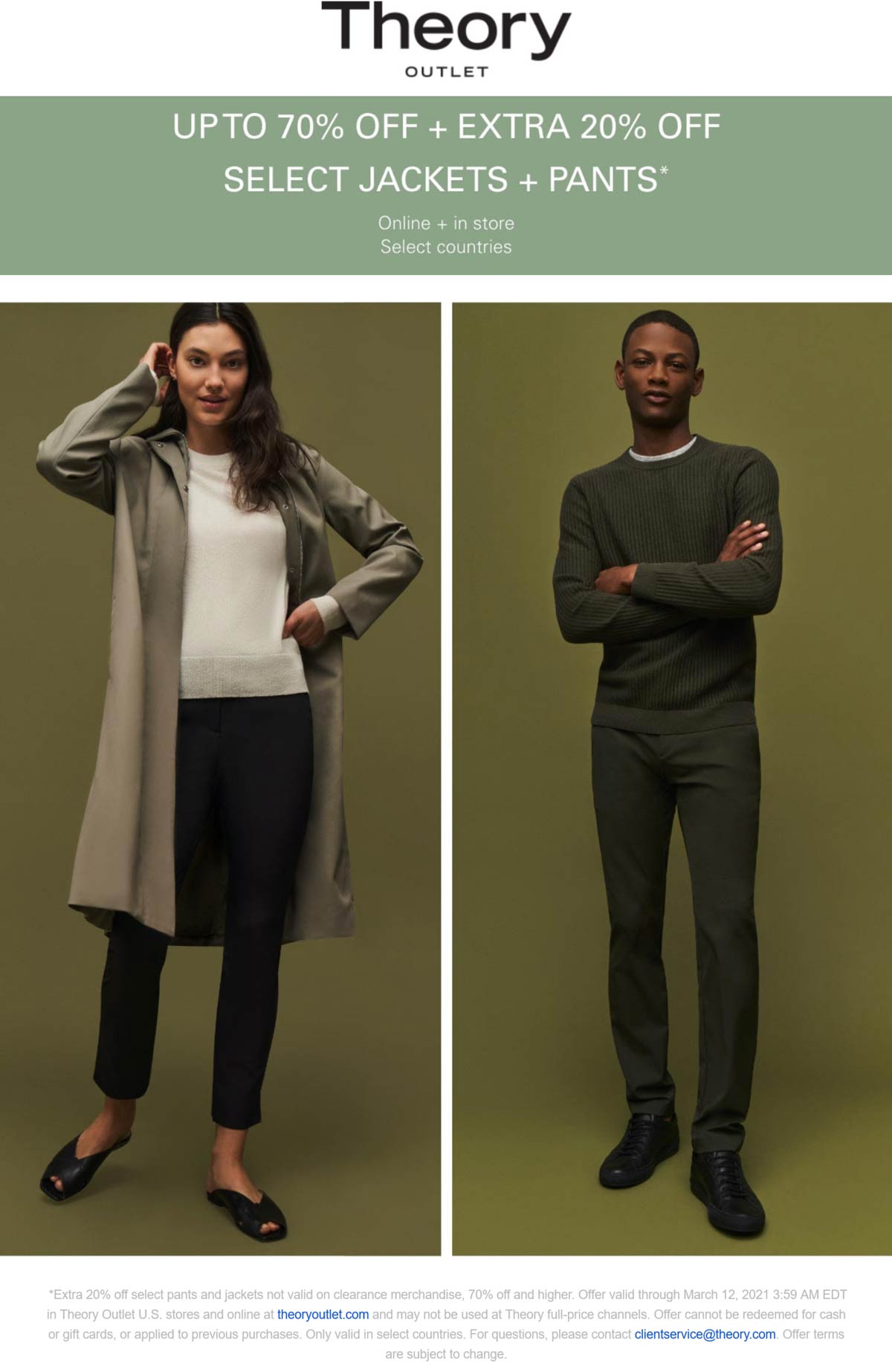 Theory Outlet stores Coupon  Extra 20% off pants and jackets & more at Theory Outlet, ditto online #theoryoutlet 