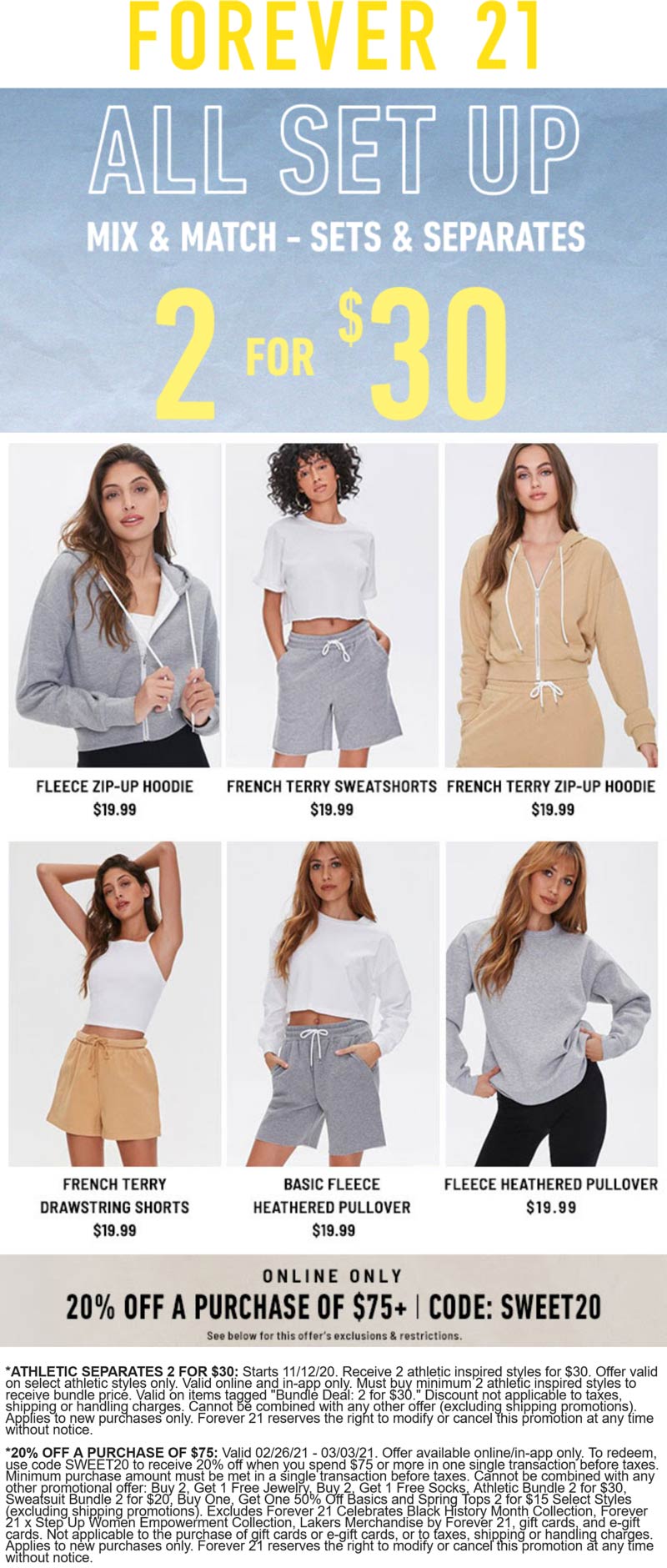 Forever 21 stores Coupon  20% off $75 at Forever 21 via promo code SWEET20 #forever21 