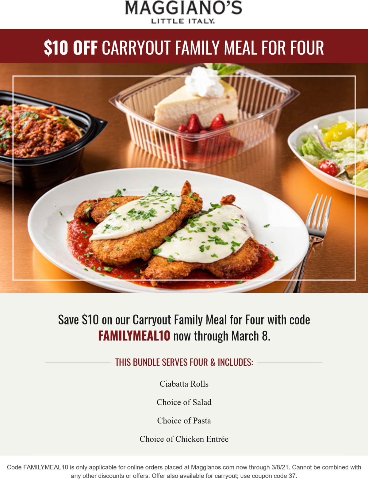 Maggianos Little Italy restaurants Coupon  $10 off carryout family meal at Maggianos Little Italy #maggianoslittleitaly 