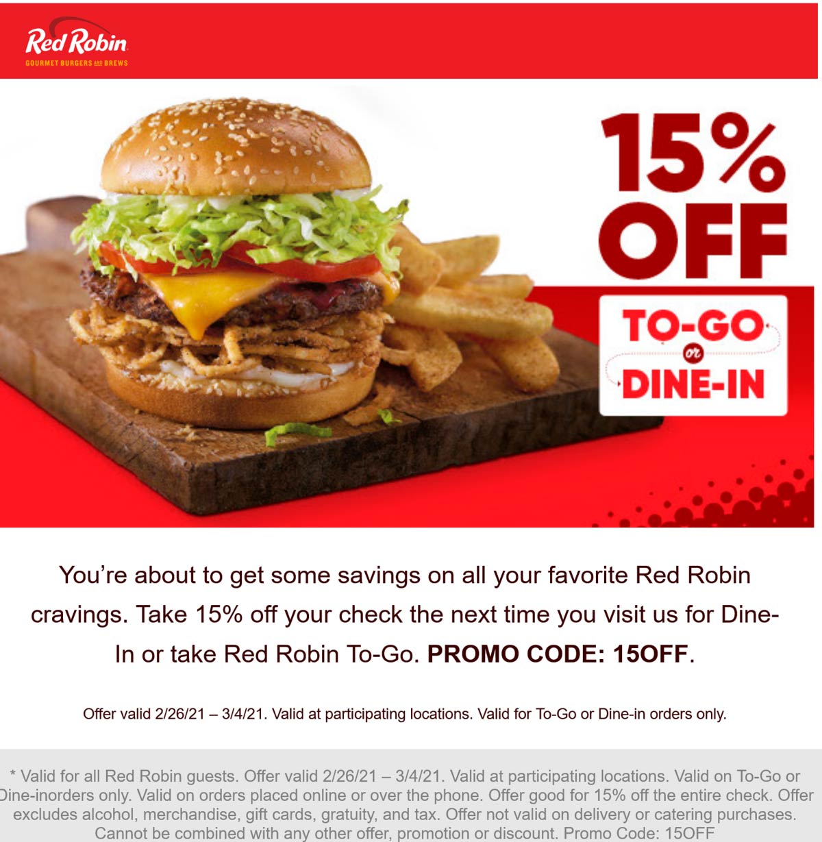 [August, 2022] 15 off at Red Robin restaurants via promo code 15OFF 