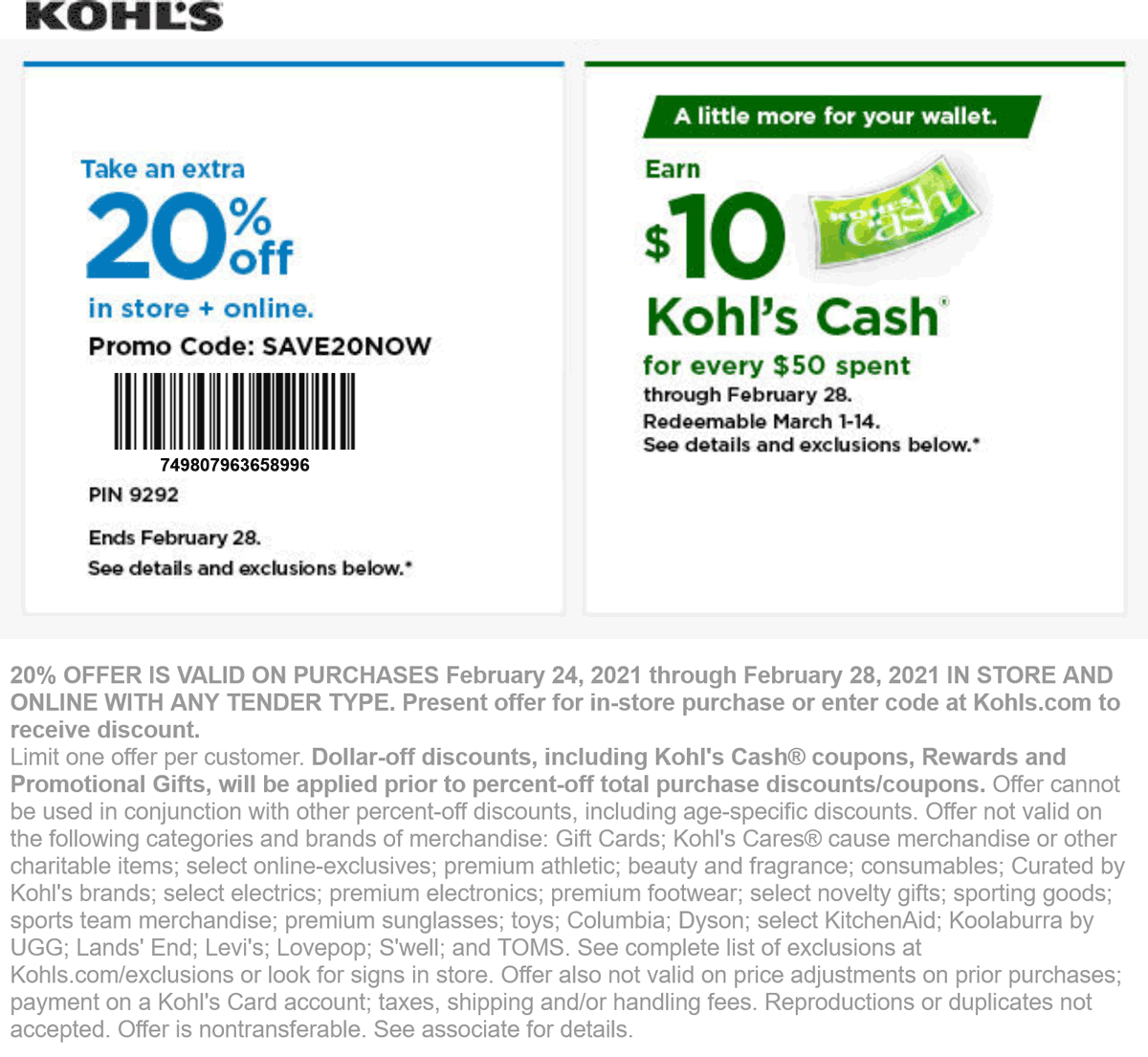 Kohls stores Coupon  20% off today at Kohls, or online via promo code SAVE20NOW #kohls 