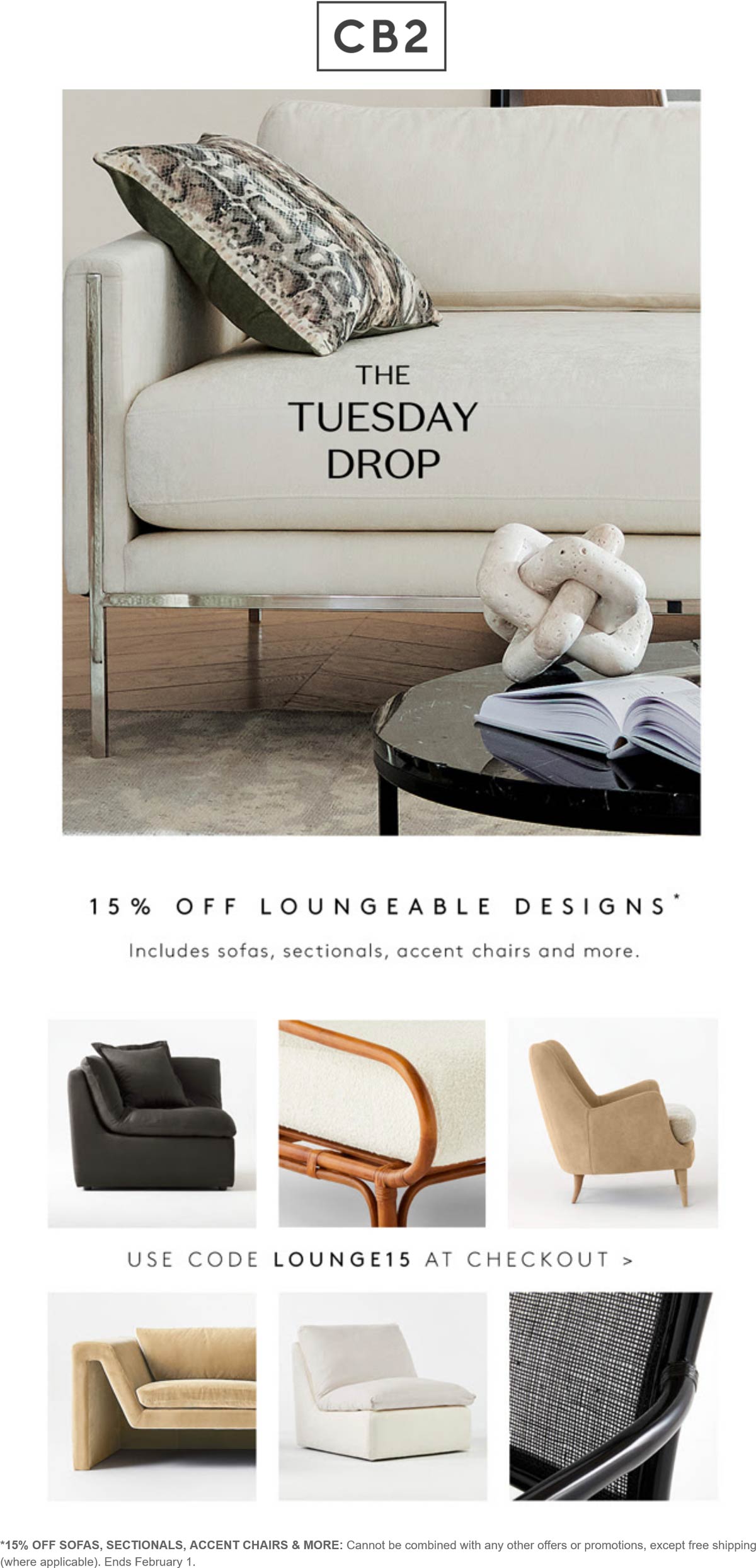 CB2 stores Coupon  15% off seating today at CB2 via promo code LOUNGE15 #cb2 