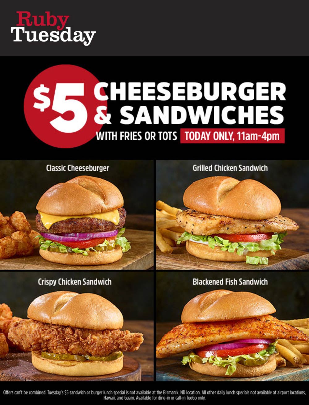 Ruby Tuesday restaurants Coupon  Cheeseburger or chicken sandwich + fries or tots = $5 today at Ruby Tuesday #rubytuesday 
