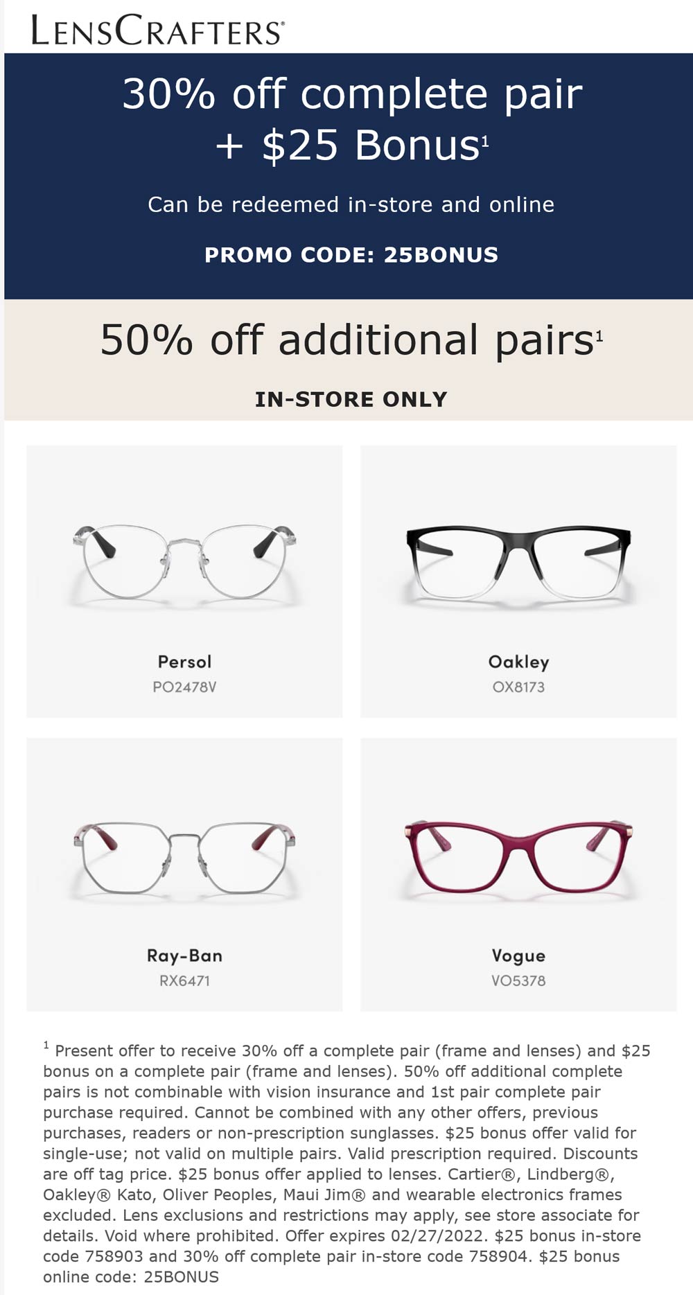 Lenscrafters stores Coupon  30% + another $25 off frame and lenses at Lenscrafters, or online via promo code 25BONUS #lenscrafters 