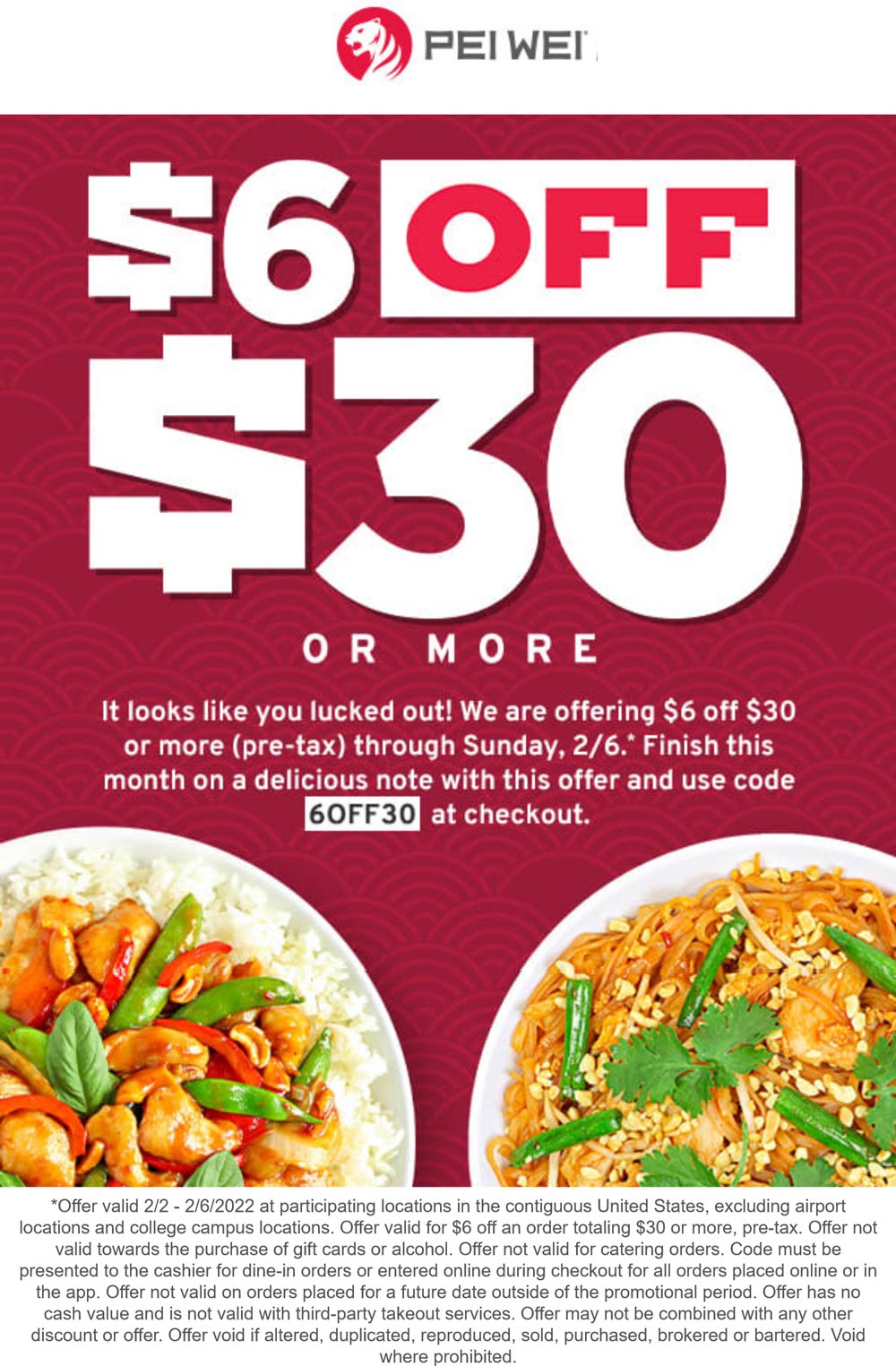 Pei Wei restaurants Coupon  $6 off $30 at Pei Wei restaurants via promo code 6OFF30 #peiwei 