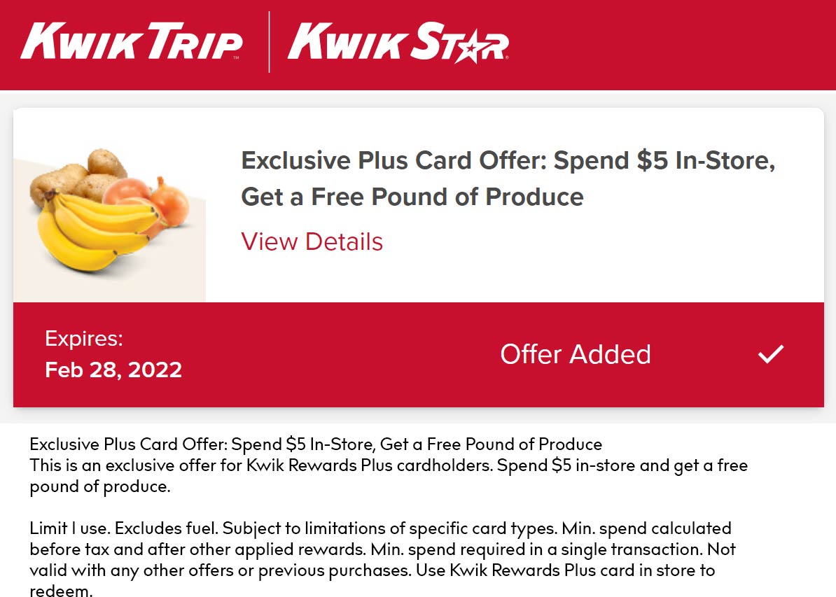Kwik Trip stores Coupon  Free pound of produce with $5 spent via rewards at Kwik Trip #kwiktrip 