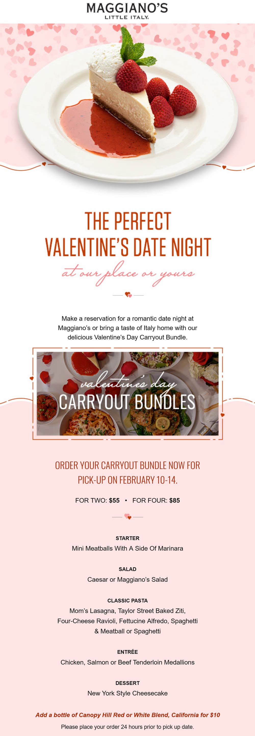 Maggianos Little Italy restaurants Coupon  Valentine carryout appetizer + salad + pasta + entree + cheesecake dinner for 2 = $55 at Maggianos Little Italy #maggianoslittleitaly 