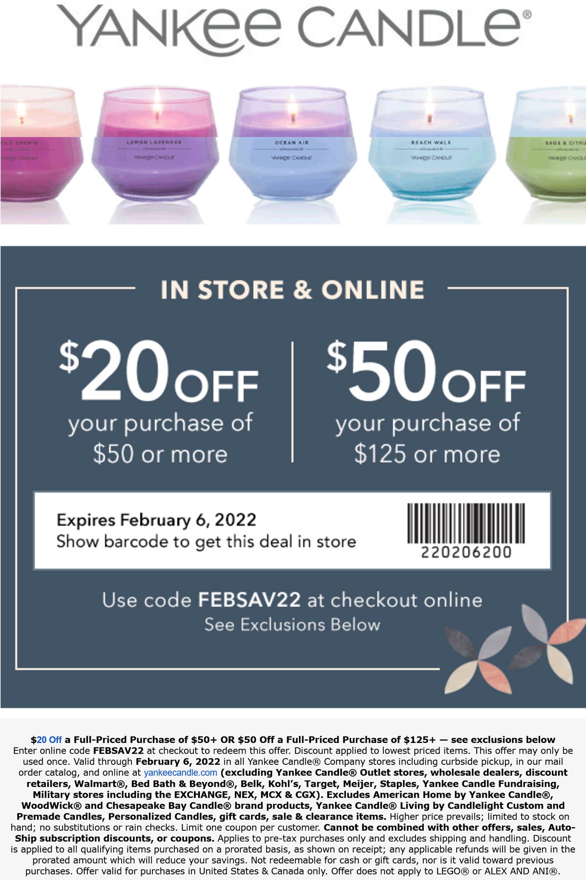 Yankee Candle stores Coupon  $20 off $50 & more at Yankee Candle, or online via promo code FEBSAV22 #yankeecandle 