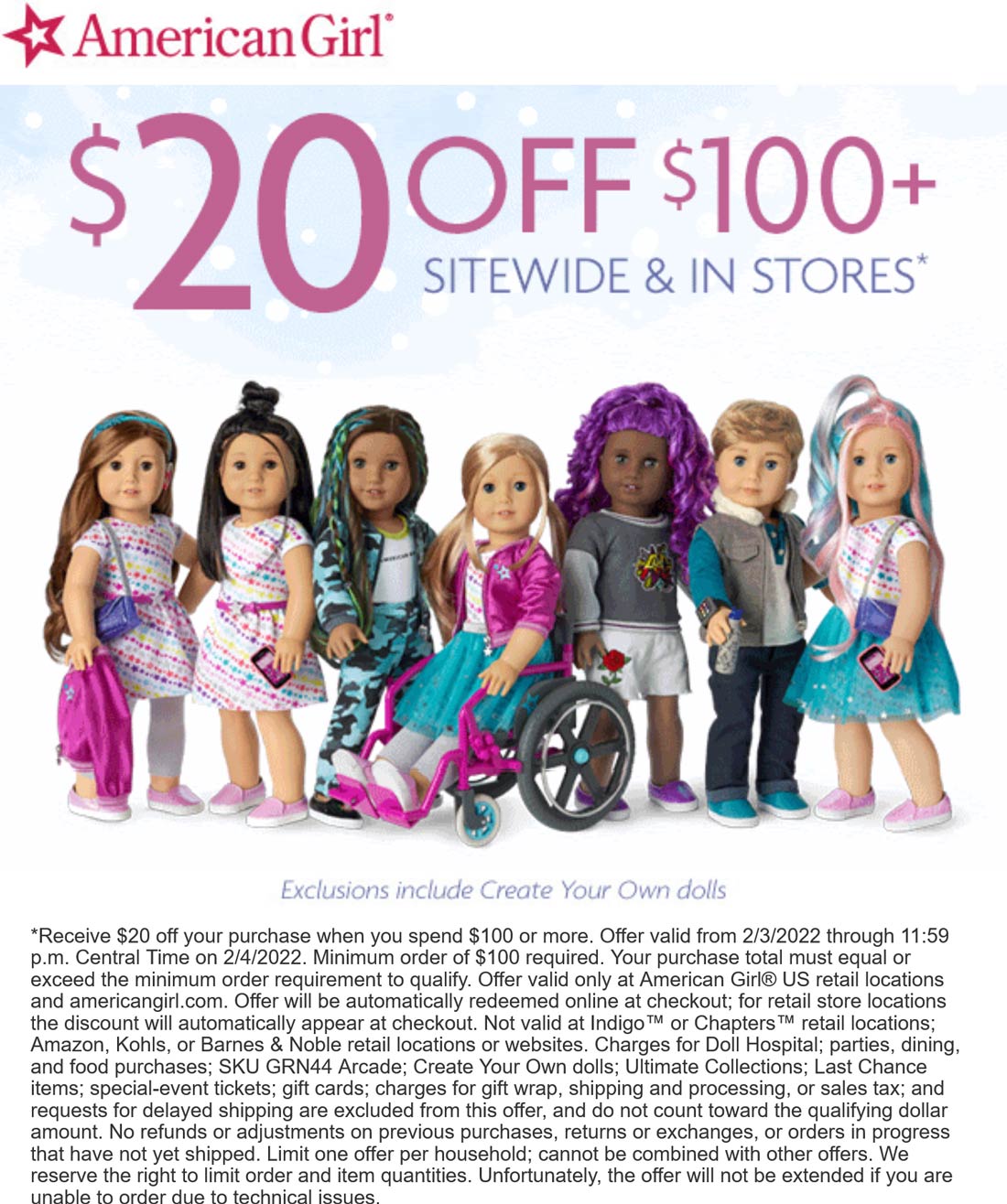 American Girl stores Coupon  $20 off $100 today at American Girl doll stores, ditto online #americangirl 