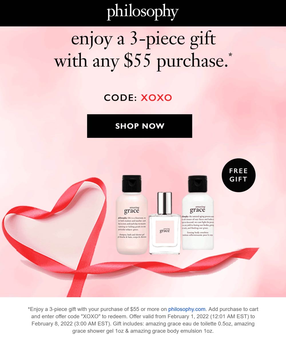 Philosophy stores Coupon  Free 3pc set with $55 spent at Philosophy via promo code XOXO #philosophy 