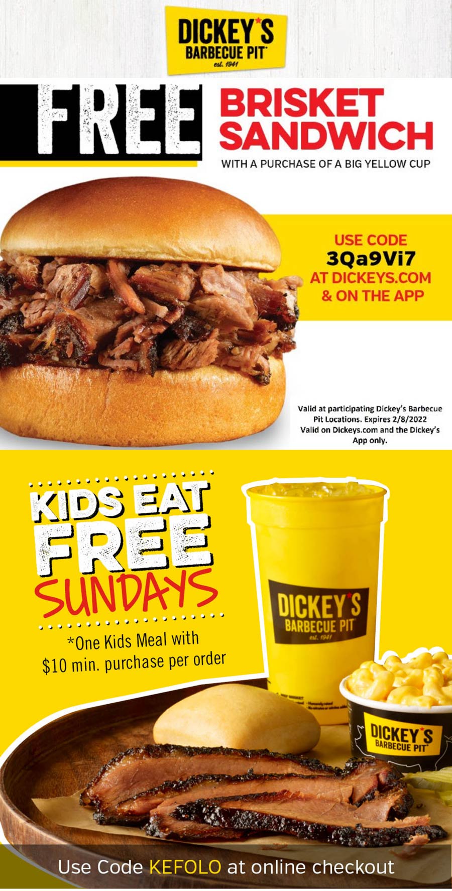 Dickeys Barbecue Pit restaurants Coupon  Free brisket sandwich with your drink at Dickeys Barbecue Pit via promo 3Qa9Vi7, also kids free Sundays #dickeysbarbecuepit 