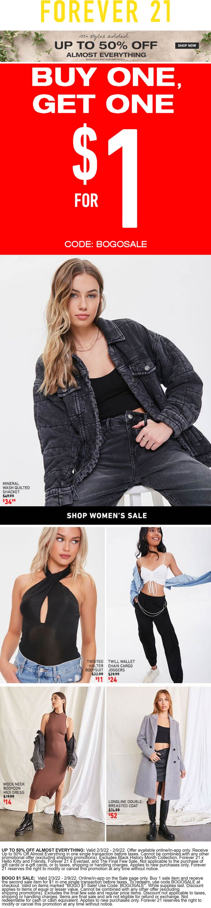 Forever 21 stores Coupon  Second sale item for $1 at Forever 21 via promo code BOGOSALE #forever21 