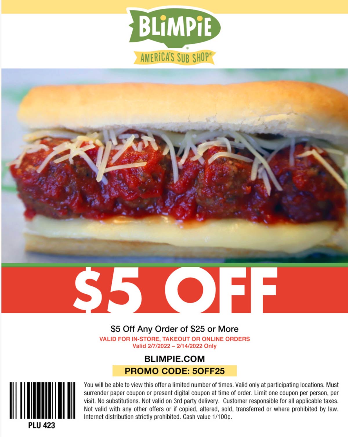 Blimpie restaurants Coupon  $5 off $25 at Blimpie sub sandwich restaurants via promo code 5OFF25 #blimpie 