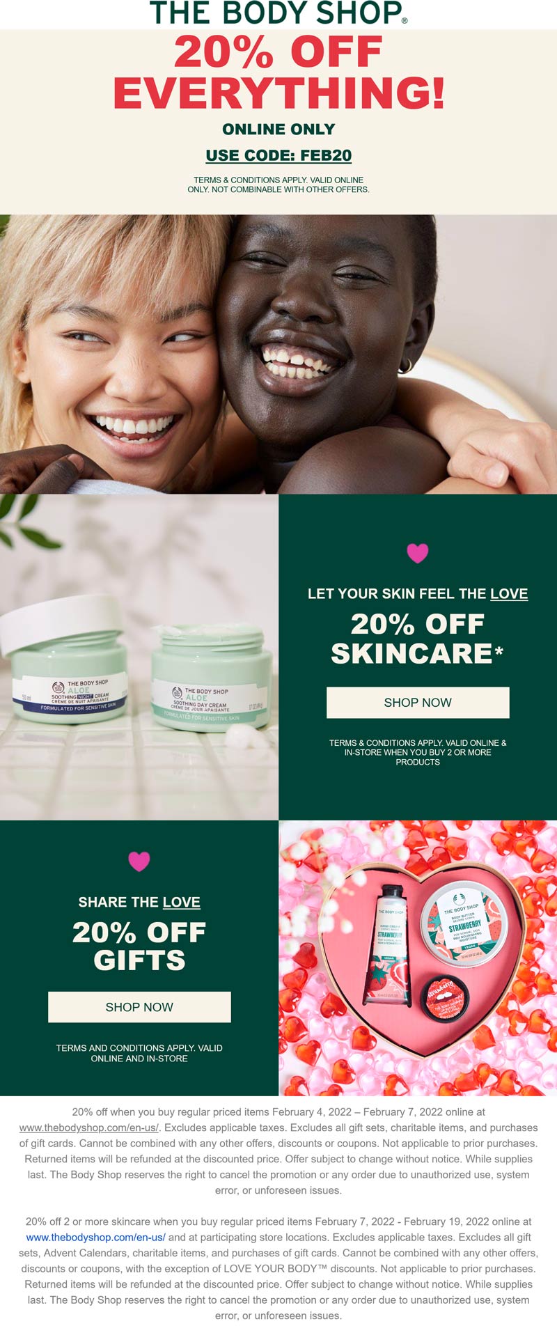 The Body Shop stores Coupon  20% off everything online today at The Body Shop via promo code FEB20 #thebodyshop 