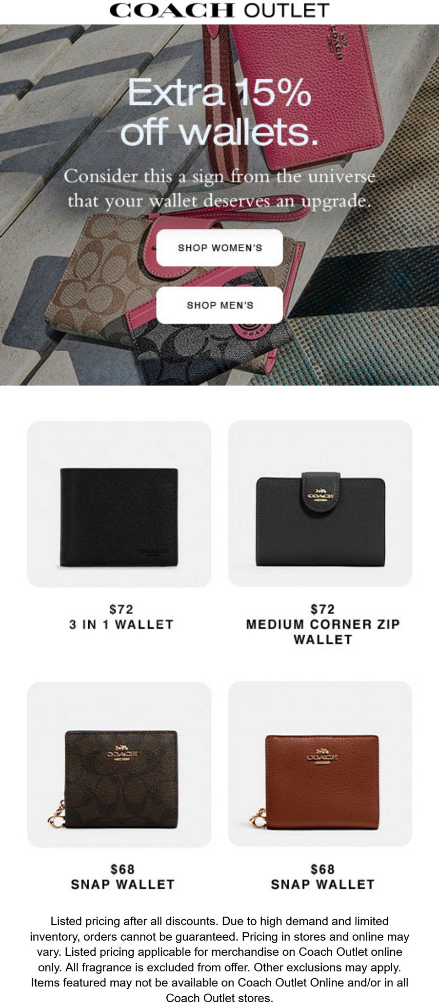 Coach Outlet stores Coupon  Extra 15% off wallets at Coach Outlet #coachoutlet 