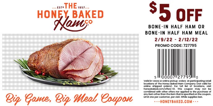 Honey Baked restaurants Coupon  $5 off half ham or meal at Honey Baked restaurants #honeybaked 
