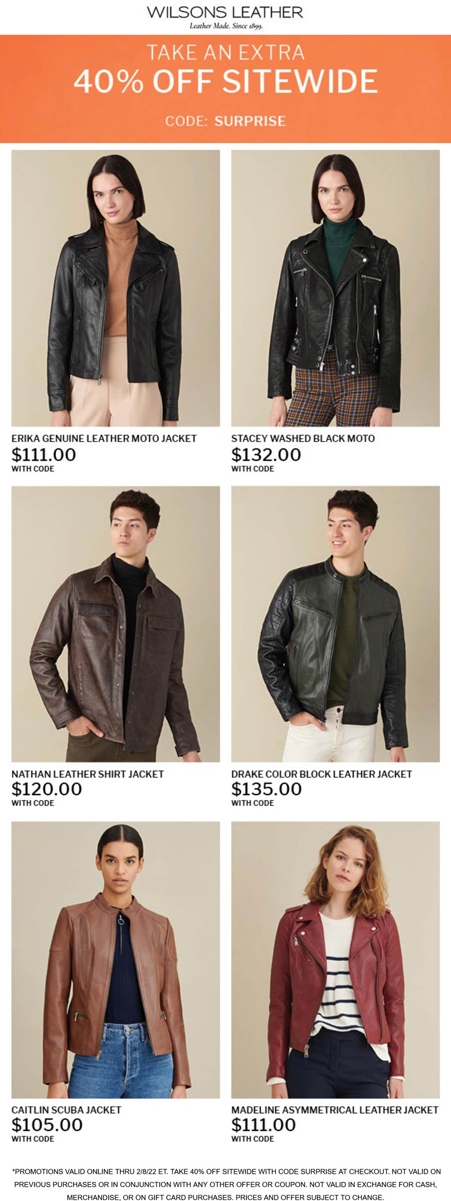 Wilsons Leather stores Coupon  Extra 40% off everything online today at Wilsons Leather via promo code SURPRISE #wilsonsleather 